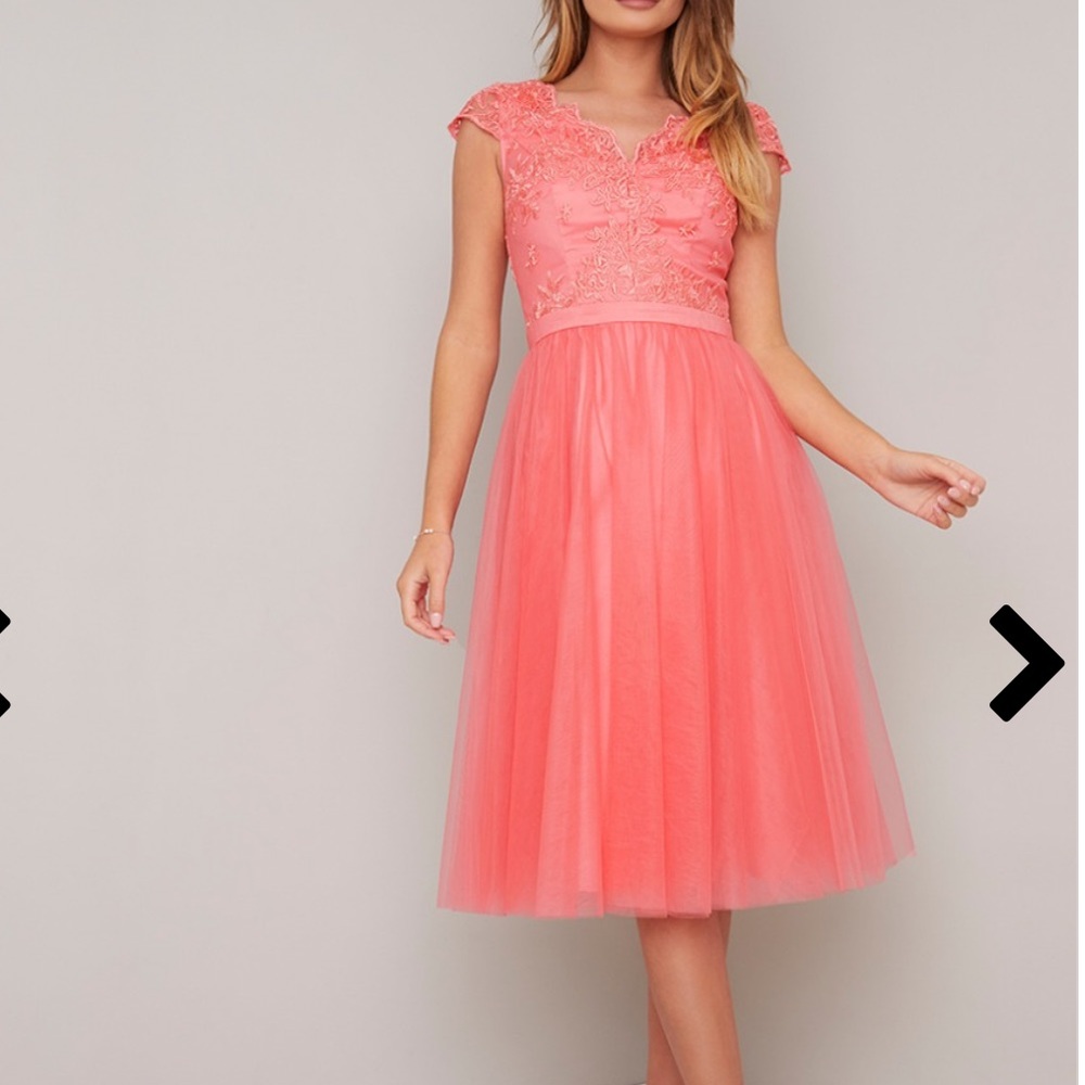 Coral Pink Lace and Tulle ChiChi London Nika Dress